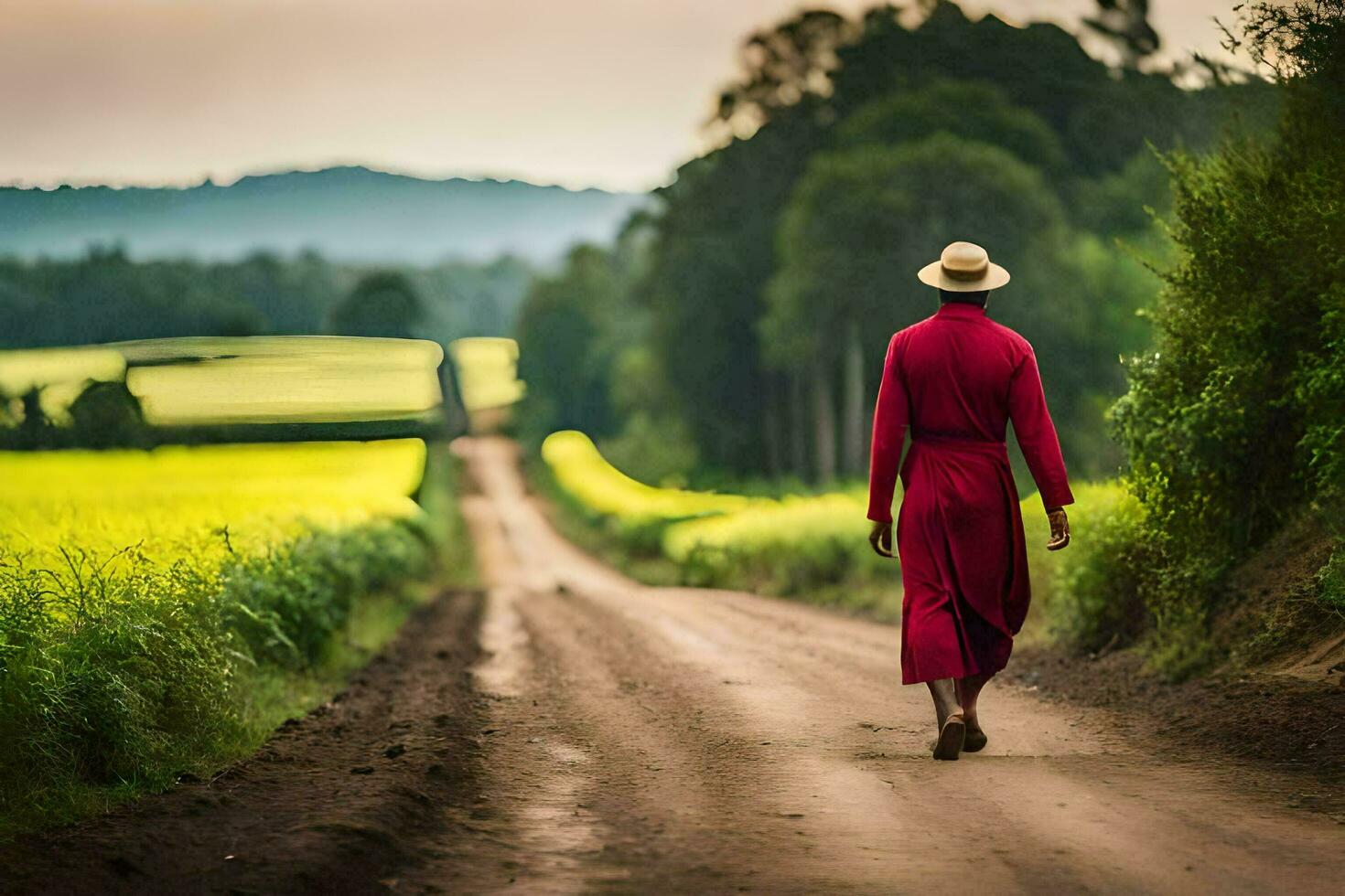 a monk walks down a dirt road in a red robe. AI-Generated photo