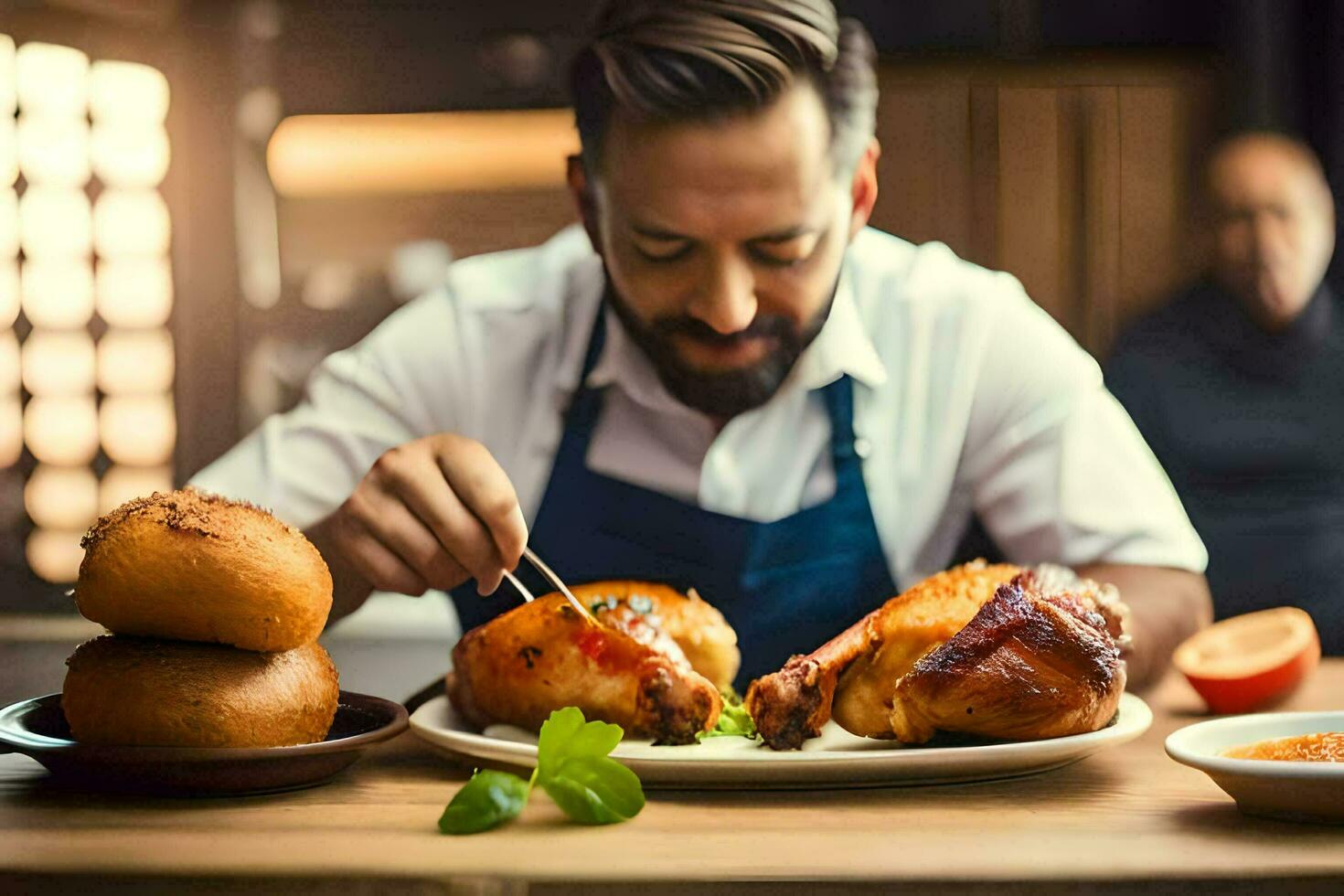 a man in apron is cutting up a chicken on a plate. AI-Generated photo