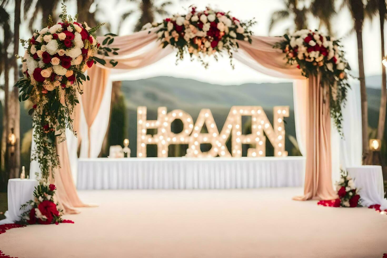 Boda ceremonia arco con flores y blanco letras. generado por ai foto