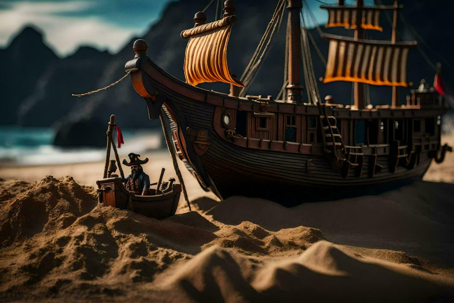 a pirate ship is on the sand near the ocean. AI-Generated photo