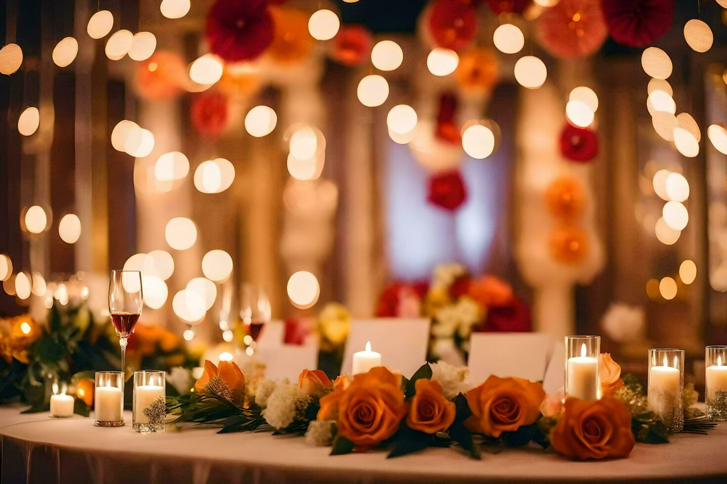 a table with candles and flowers in front of a string of lights. AI-Generated photo