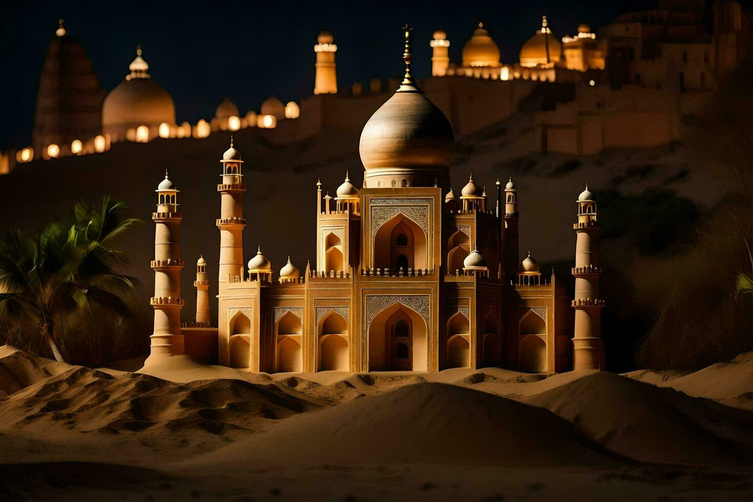 a model of a mosque in the desert at night. AI-Generated photo