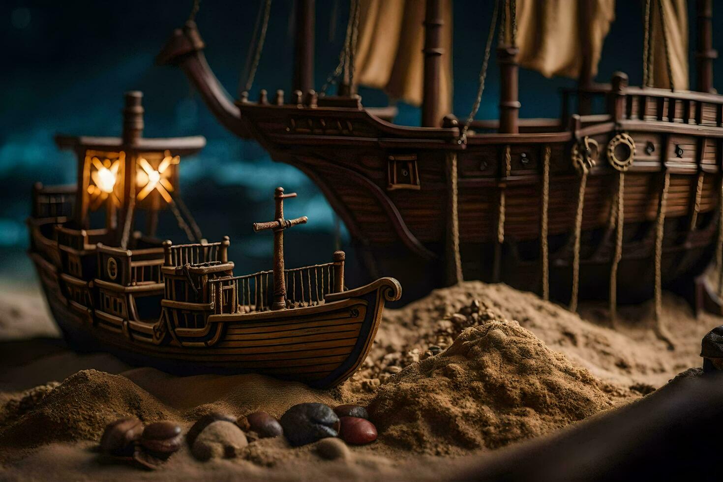 a model of a ship on a sandy beach. AI-Generated photo