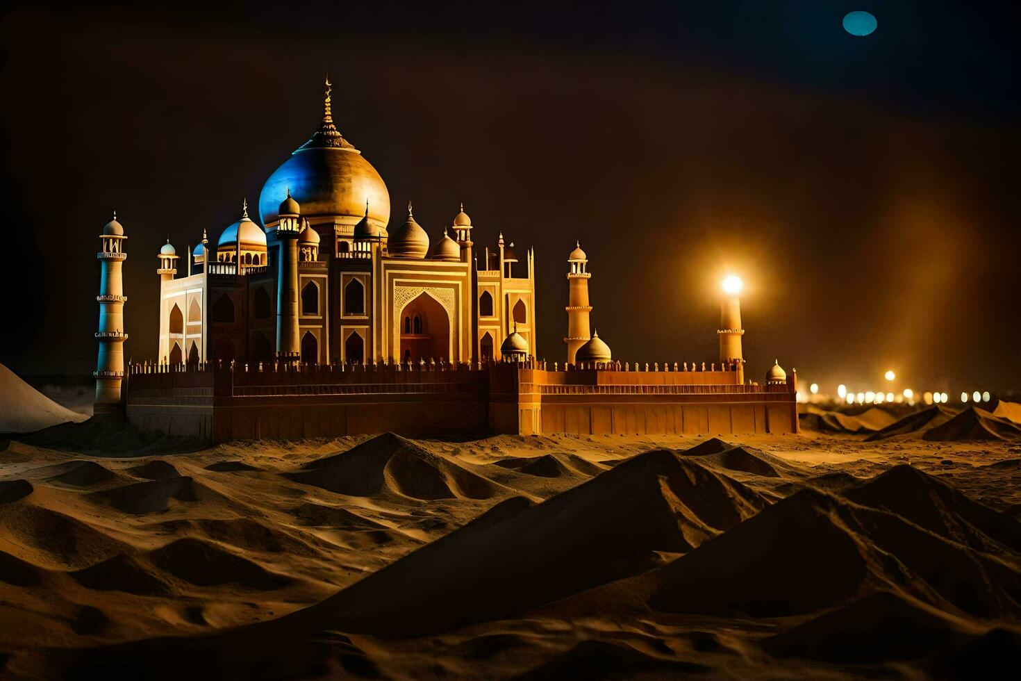the taj mahal is lit up at night in the desert. AI-Generated photo