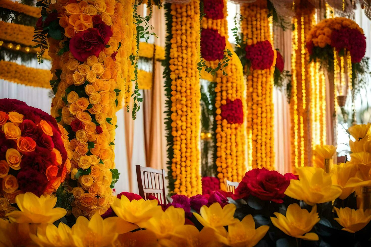 a wedding ceremony with flowers and garlands. AI-Generated photo