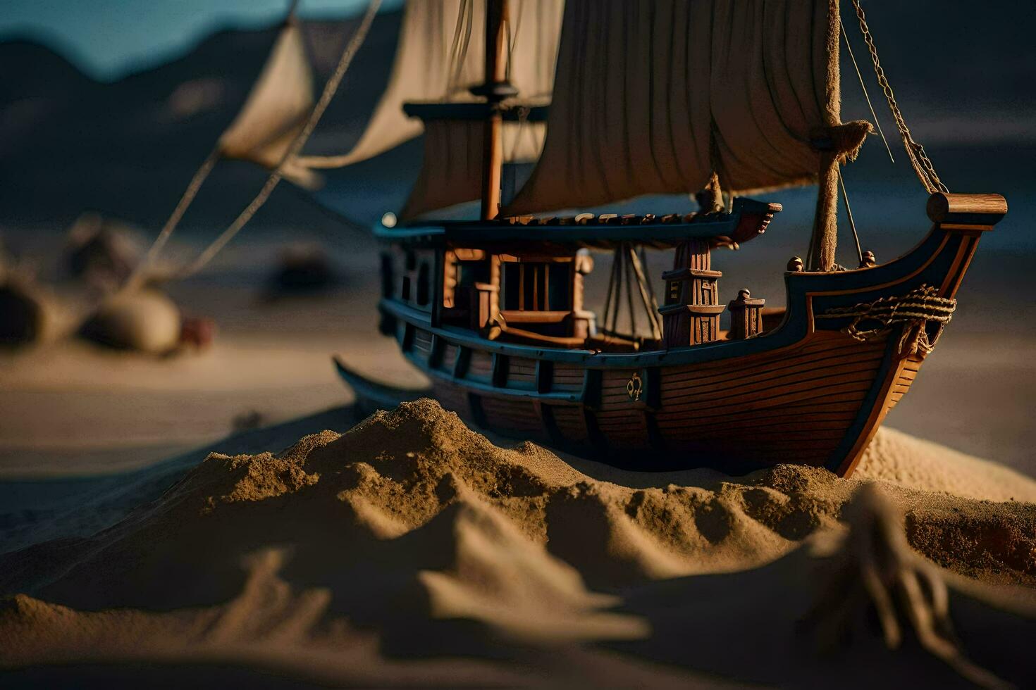 a model of a ship in the sand. AI-Generated photo