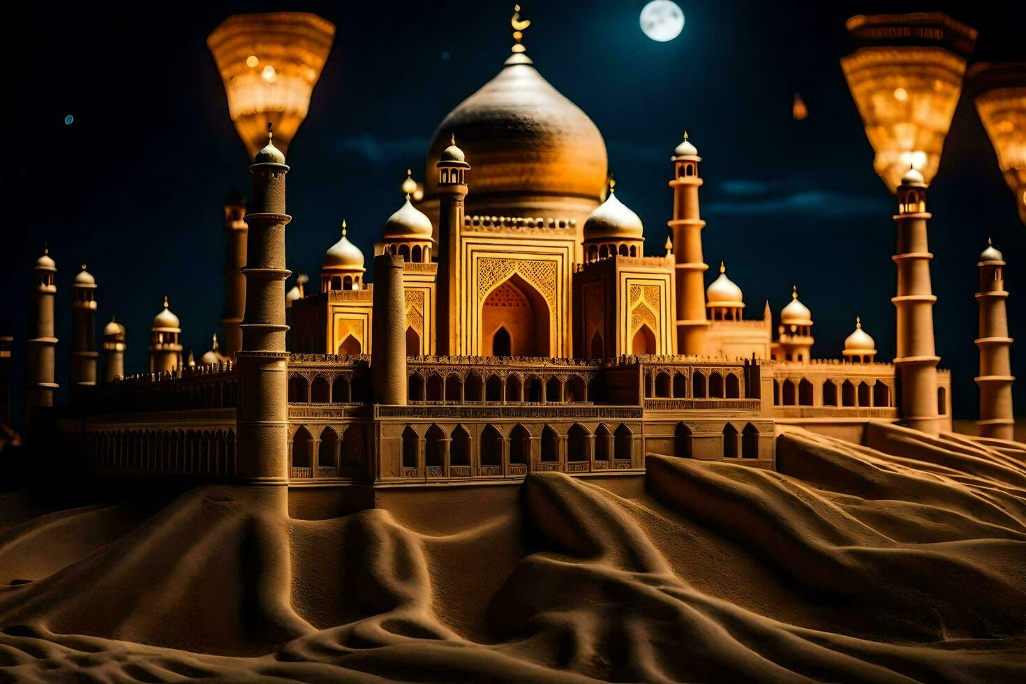 a model of a taj mahal in the desert. AI-Generated photo