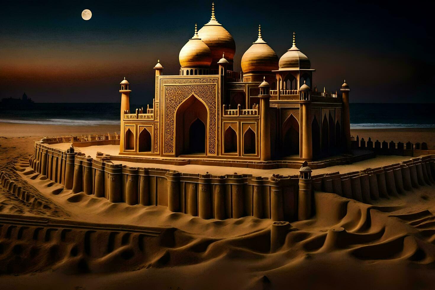un arena castillo es mostrado en el Desierto a noche. generado por ai foto