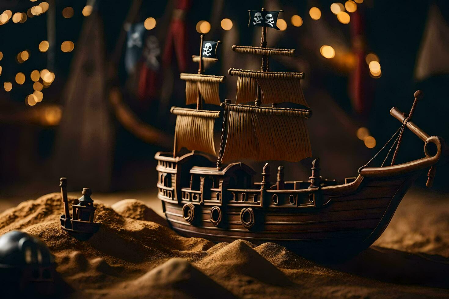 a pirate ship is sitting in the sand. AI-Generated photo