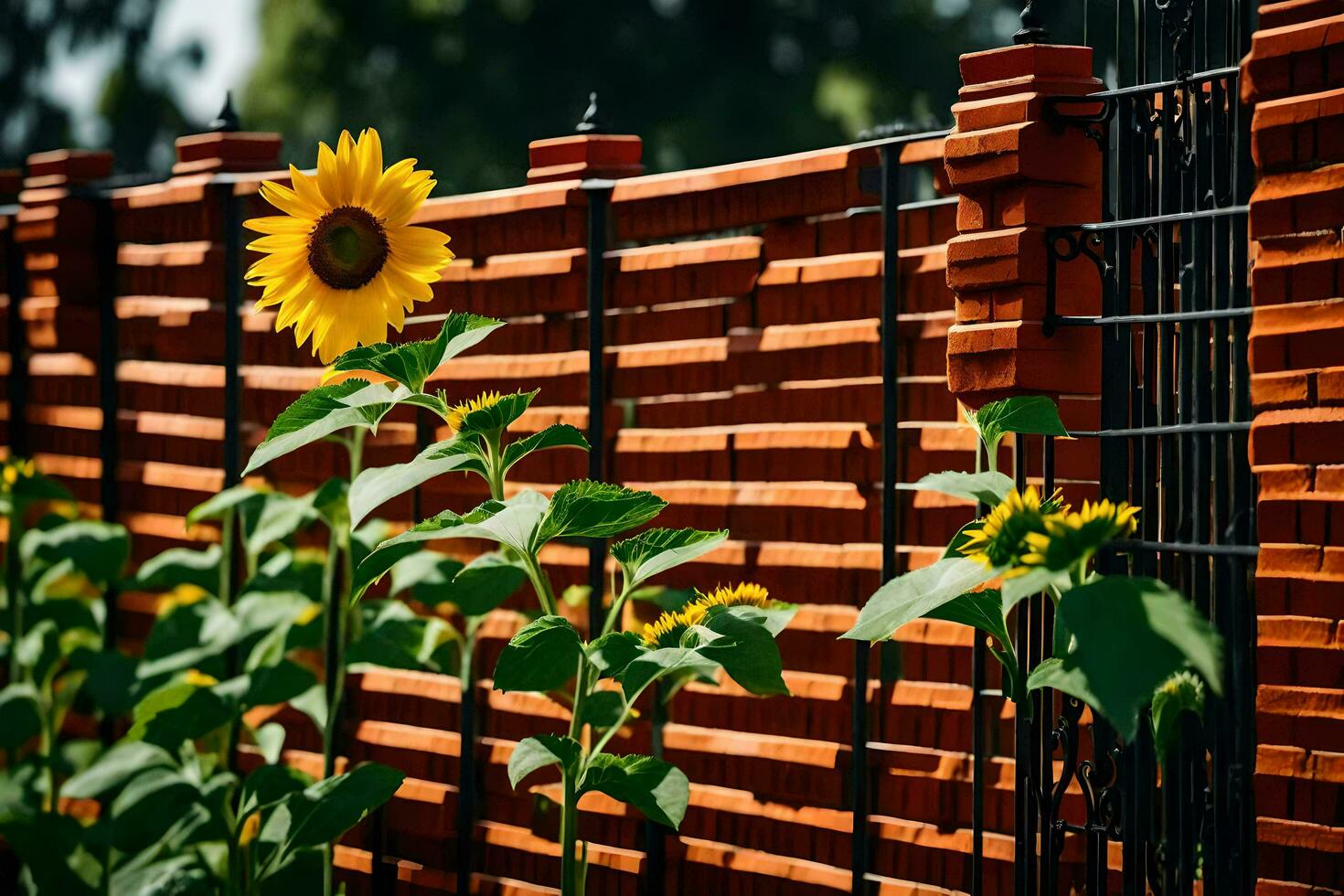 a sunflower is growing in front of a brick fence. AI-Generated photo