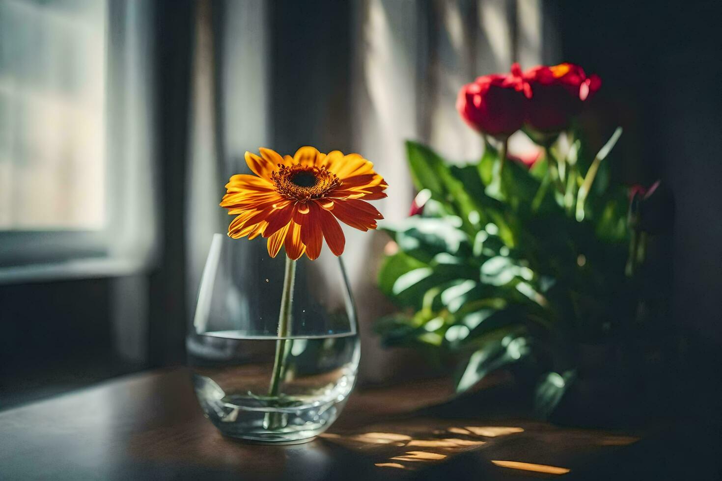 naranja flor en un vaso de agua en un mesa. generado por ai foto