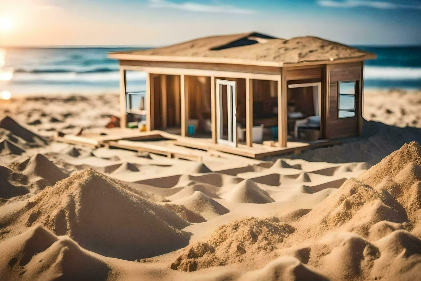 a miniature house on the beach with sand. AI-Generated photo