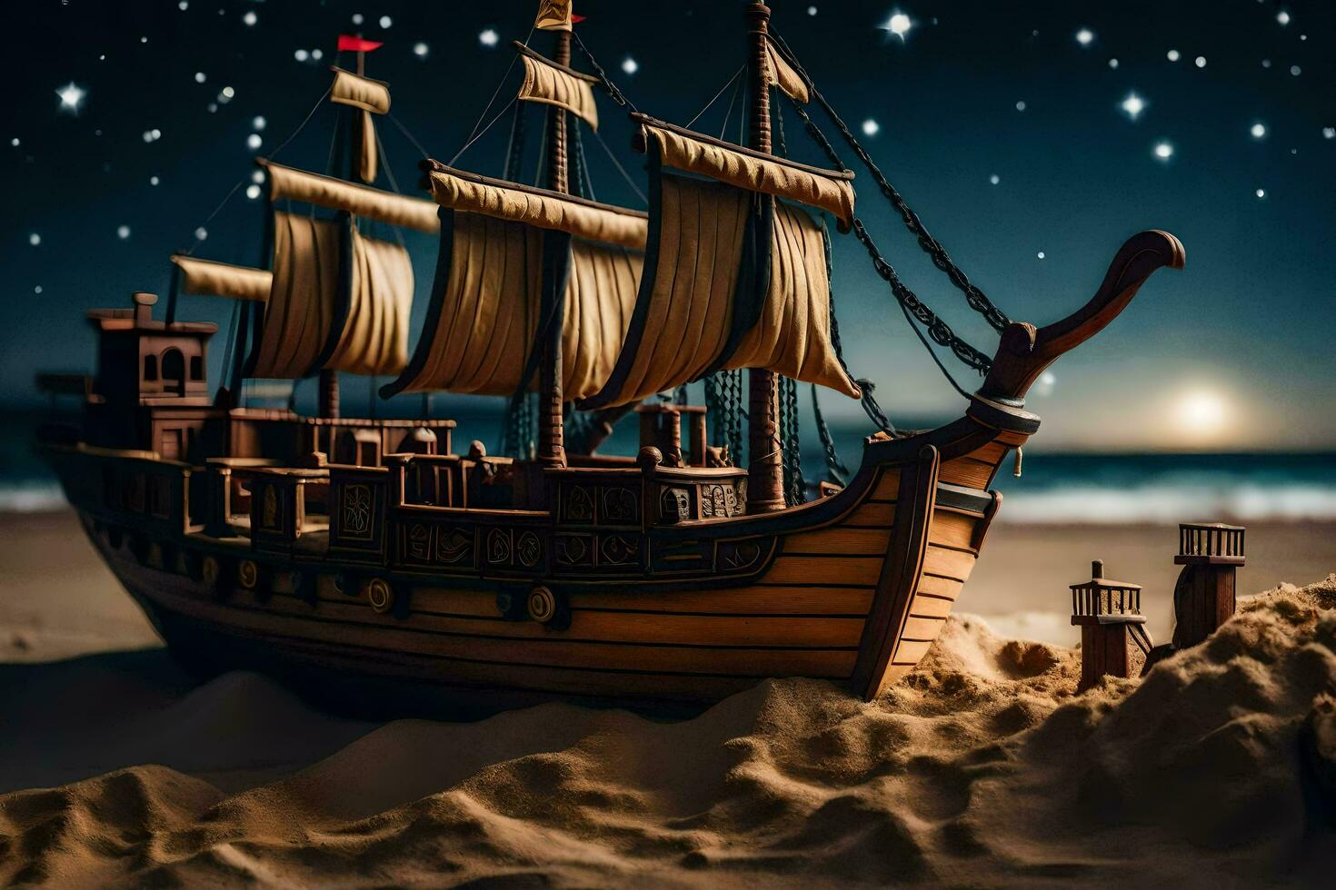 a model ship on the beach at night. AI-Generated photo