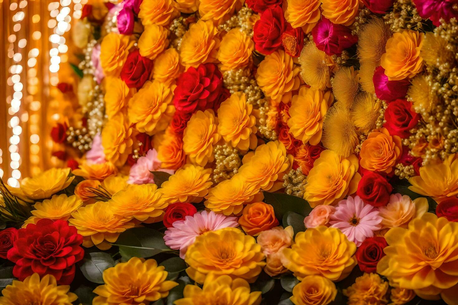 a large arrangement of flowers in a room. AI-Generated photo