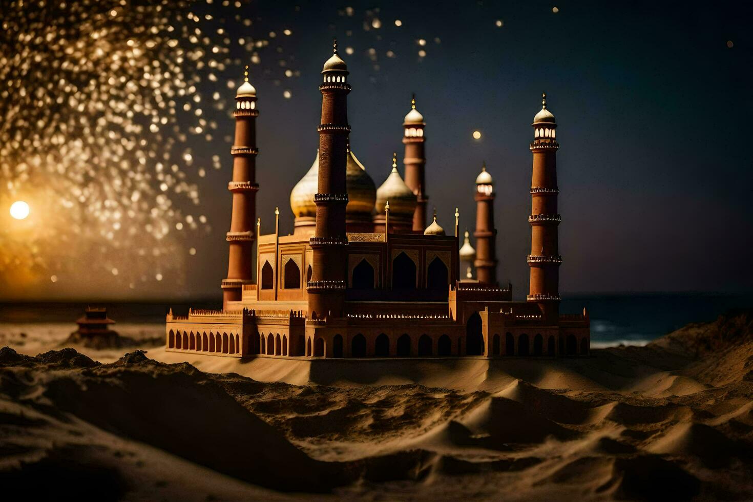 a mosque in the desert with fireworks. AI-Generated photo