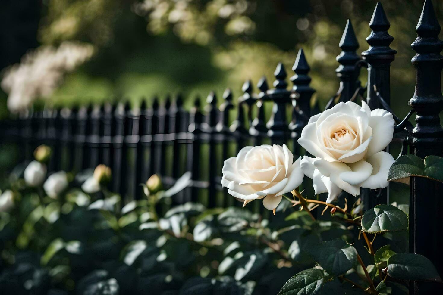 white roses are in front of a black fence. AI-Generated photo