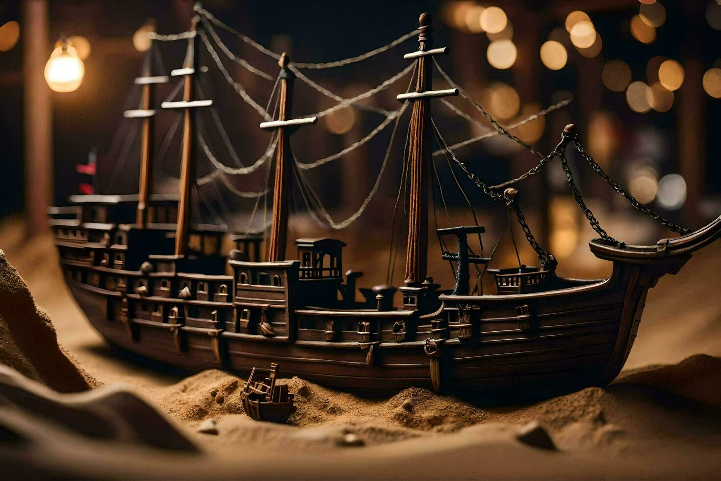 a model of a pirate ship in the sand. AI-Generated photo