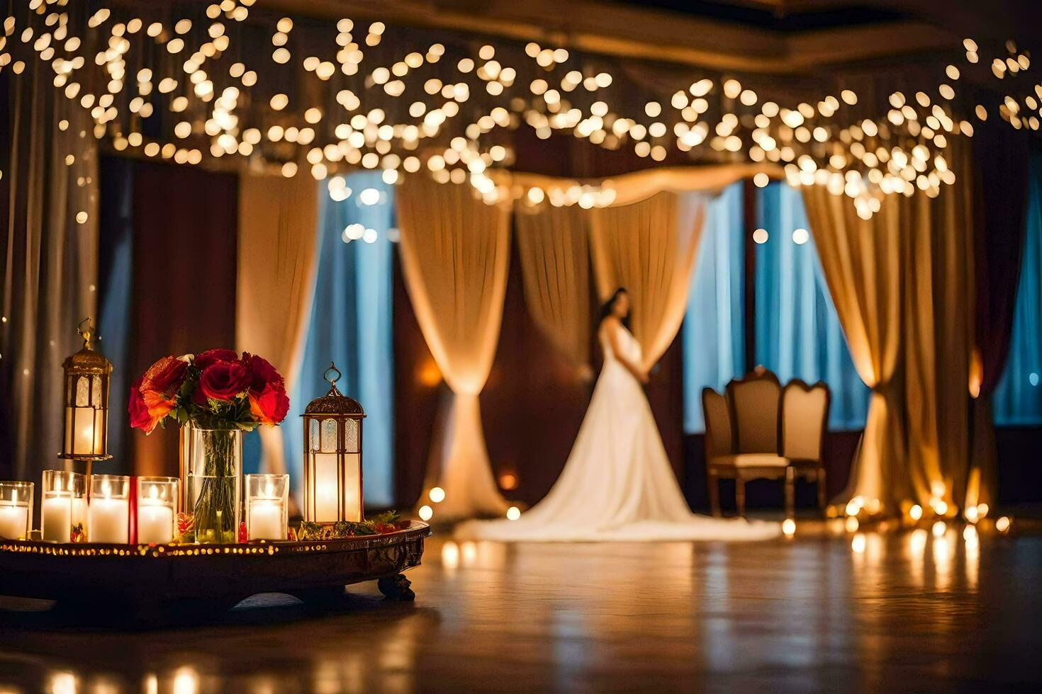 a bride and groom pose in front of candles and a table with flowers. AI-Generated photo