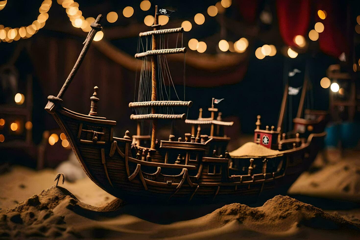 a model of a pirate ship in the sand. AI-Generated photo