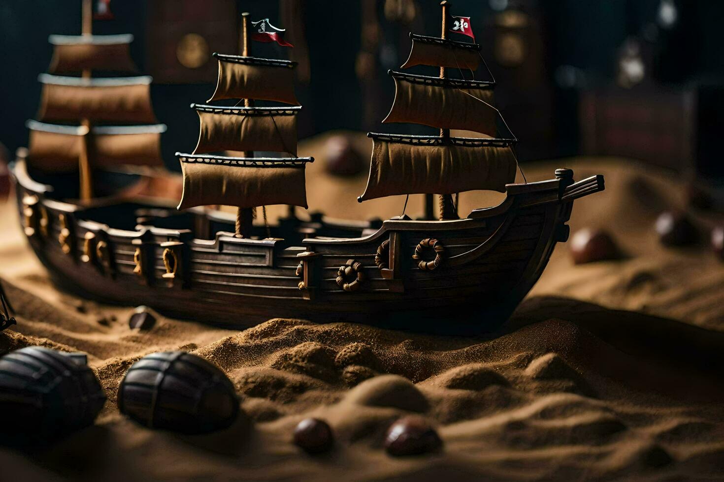 a model of a pirate ship in the sand. AI-Generated photo
