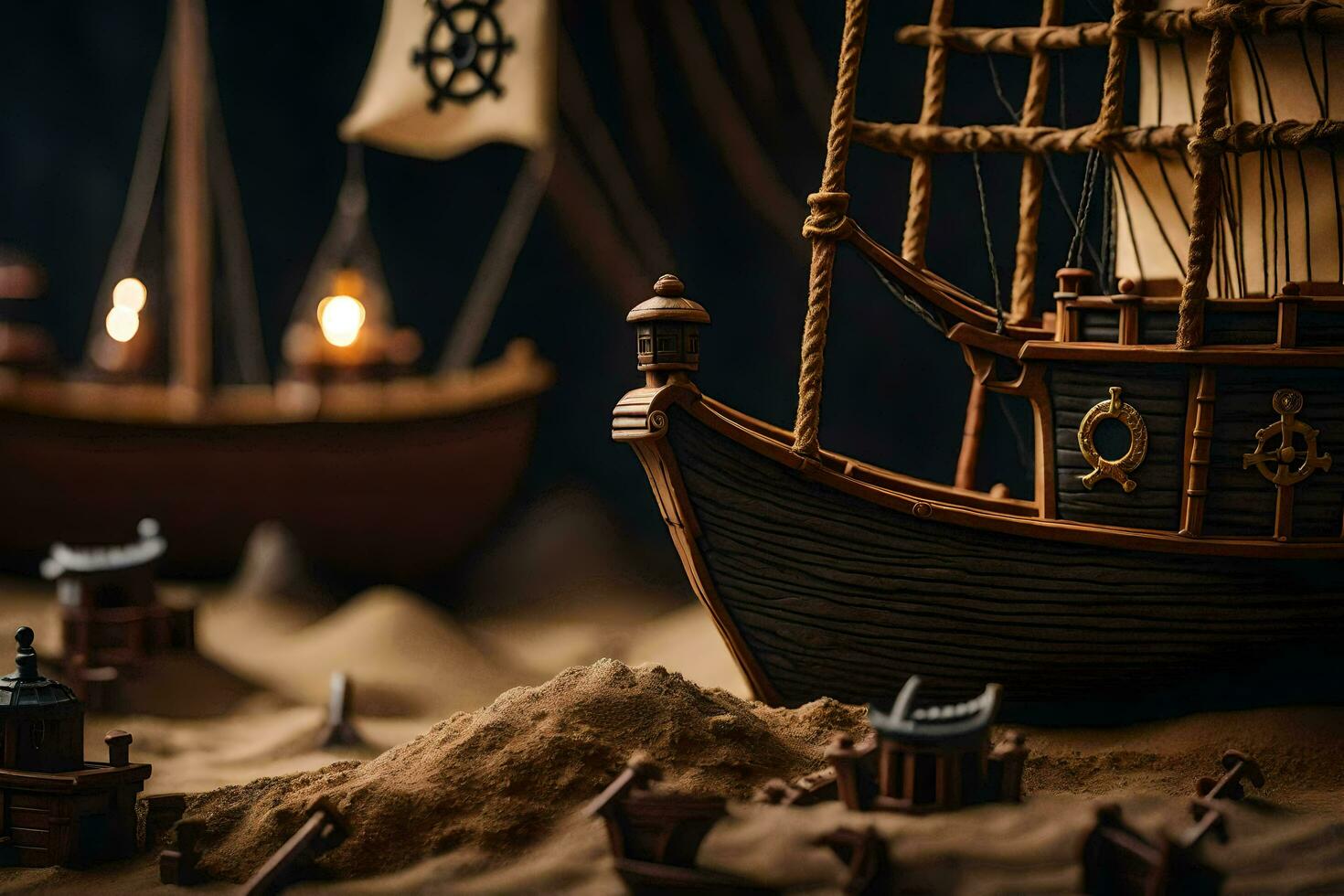 a model of a ship in the sand. AI-Generated photo