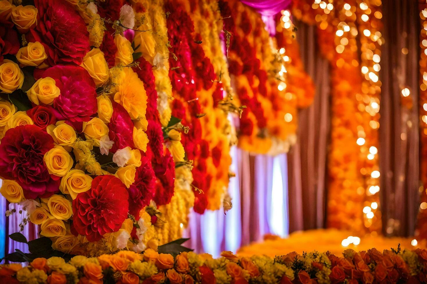 a colorful display of flowers in a room. AI-Generated photo