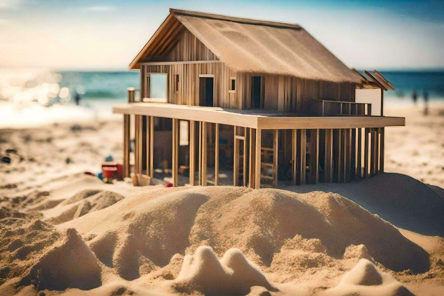 a wooden house on the beach with sand. AI-Generated photo