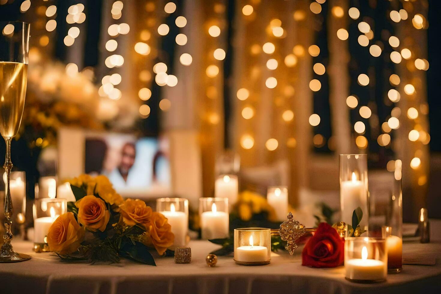 candles and flowers are set up on a table. AI-Generated photo