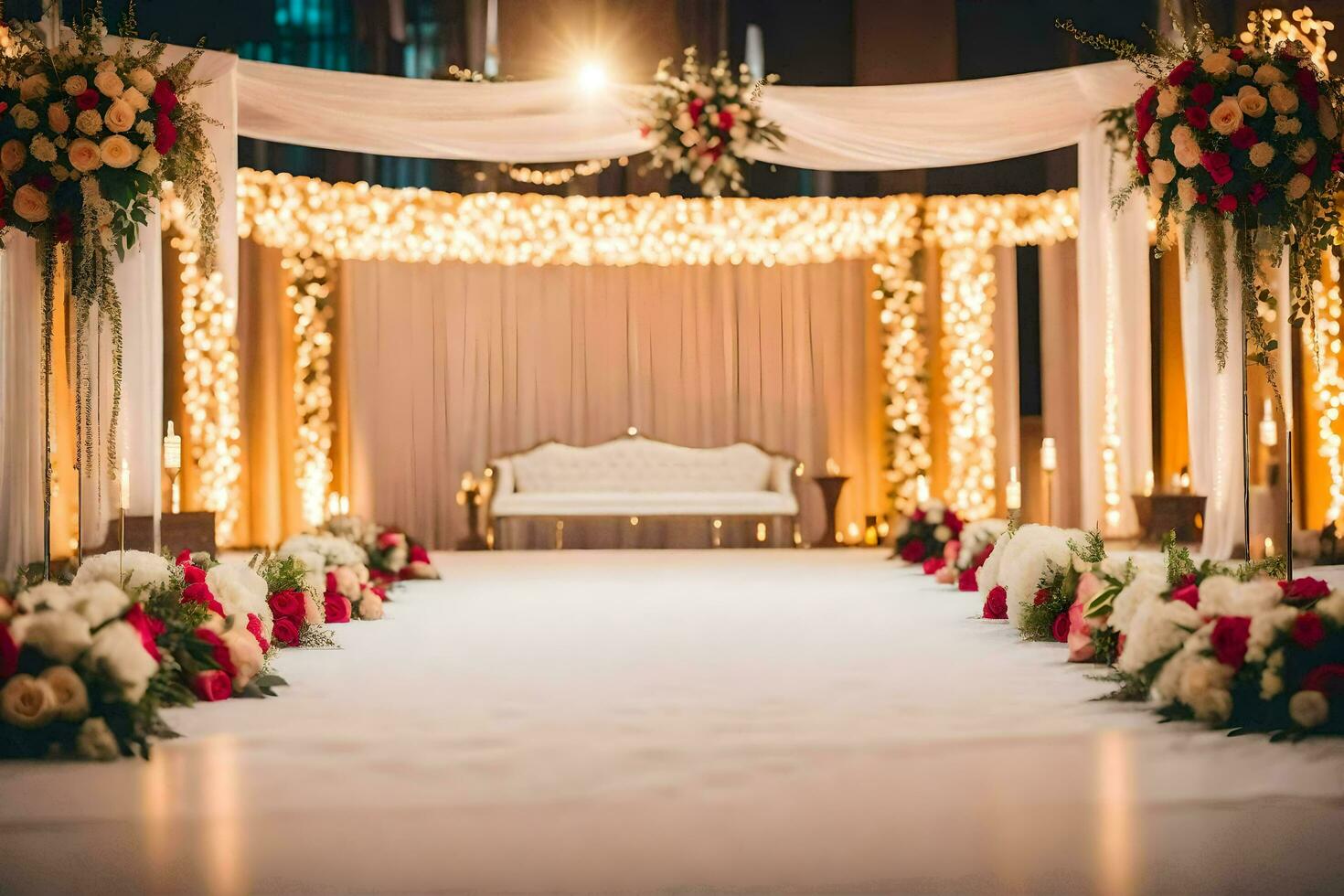 a wedding ceremony with white and gold decor. AI-Generated photo