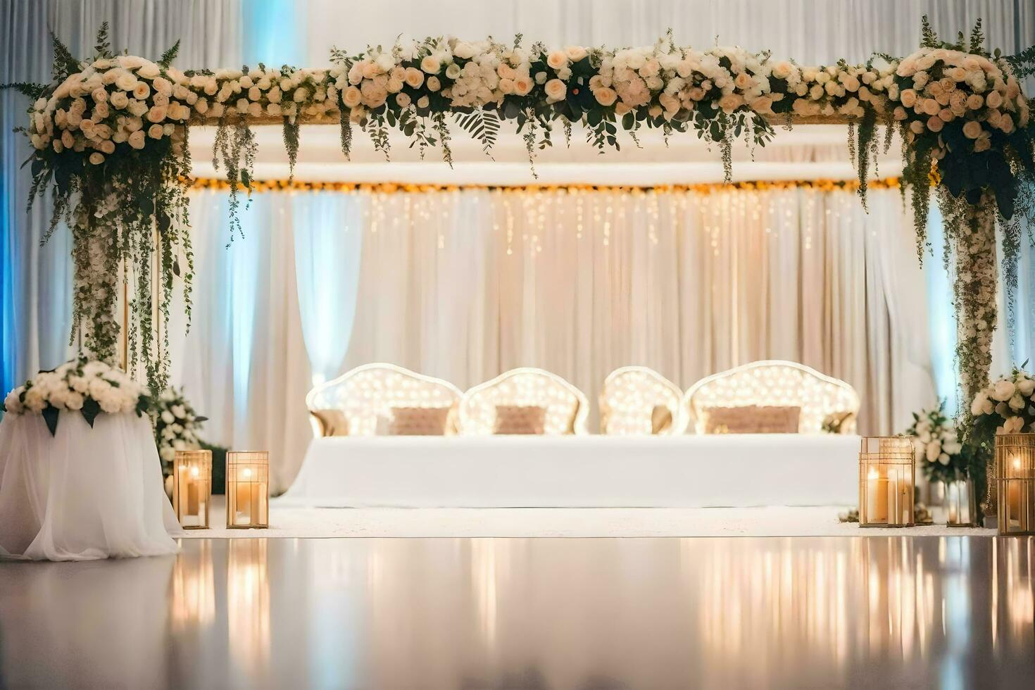 an elegant wedding ceremony with white and gold decor. AI-Generated photo