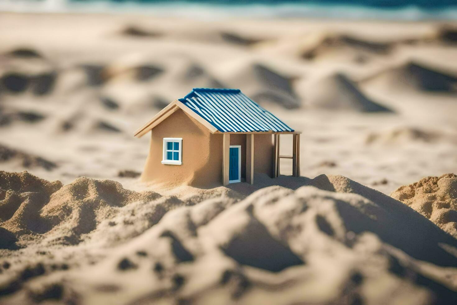 a miniature house is buried in the sand on the beach. AI-Generated photo