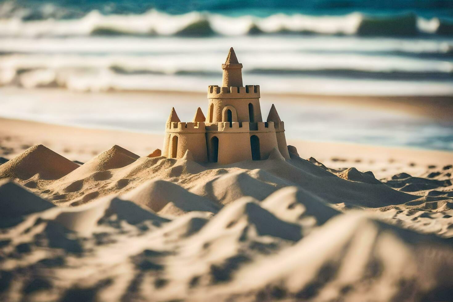 arena castillo en el playa. generado por ai foto