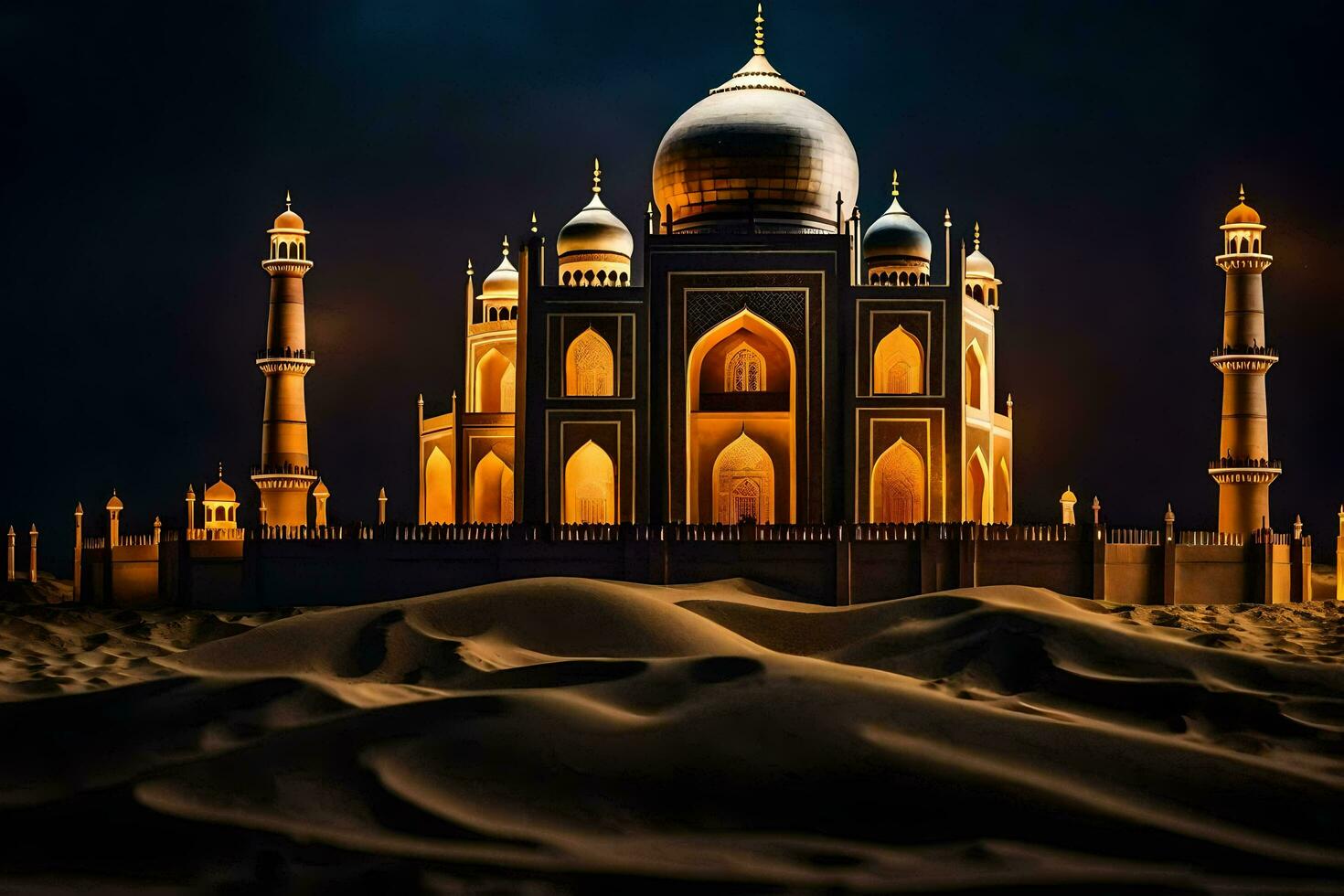 el taj mahal es iluminado arriba a noche. generado por ai foto