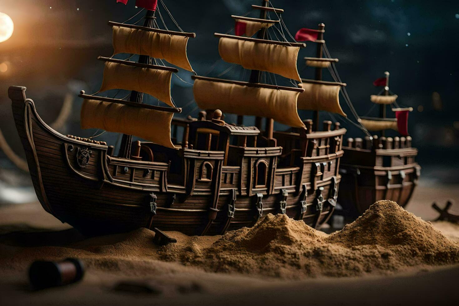a model of a pirate ship in the sand. AI-Generated photo