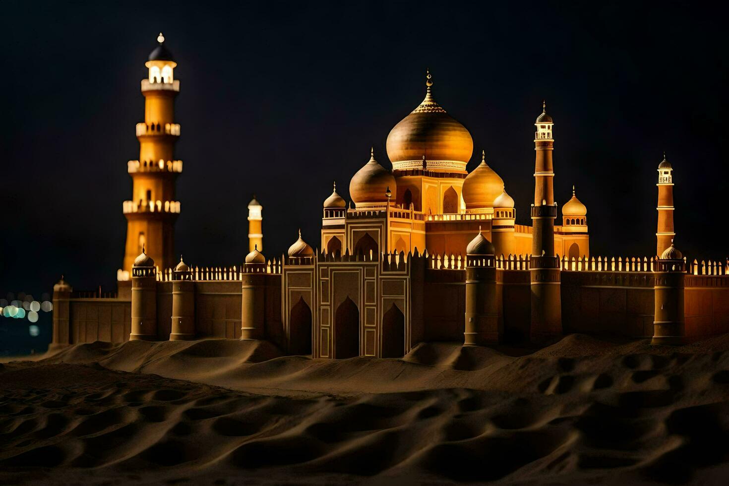 a large mosque lit up at night in the desert. AI-Generated photo