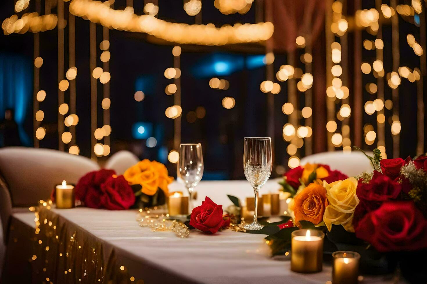 a table with candles and flowers in front of a string of lights. AI-Generated photo