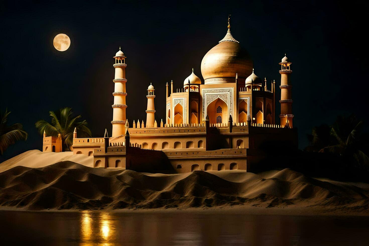 the taj mahal is lit up at night. AI-Generated photo