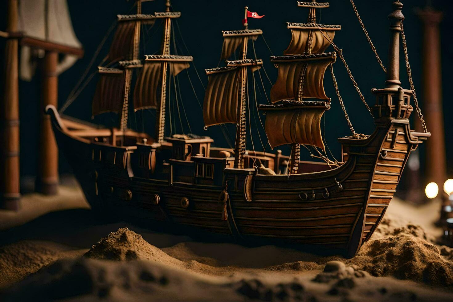 a model of a ship in the sand. AI-Generated photo