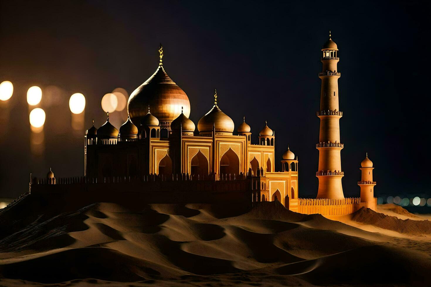 a mosque in the desert at night. AI-Generated photo