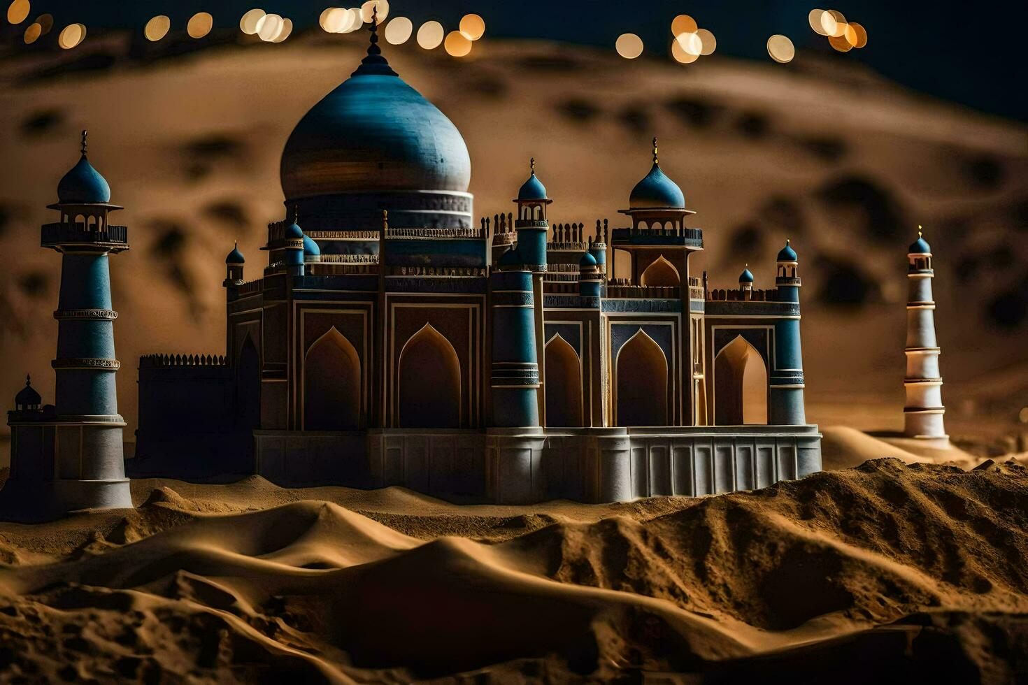 a model of a taj mahal in the desert. AI-Generated photo