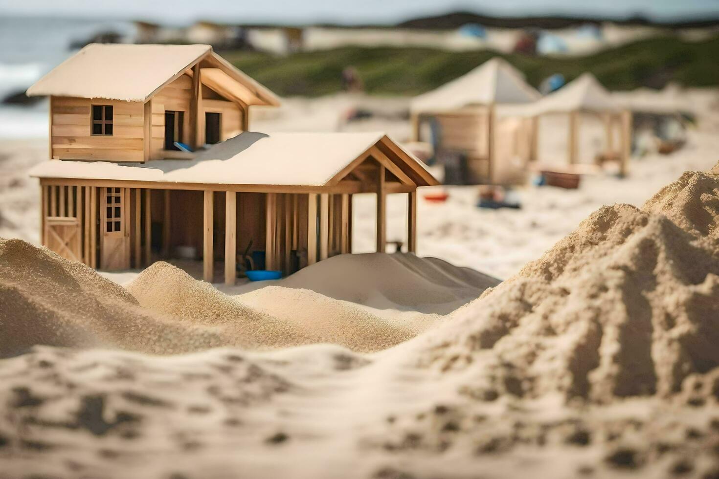 a wooden house on the beach with sand. AI-Generated photo