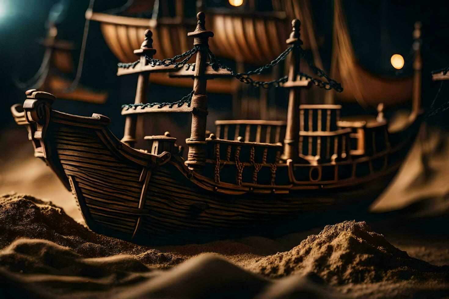 a model of a ship in the sand. AI-Generated photo