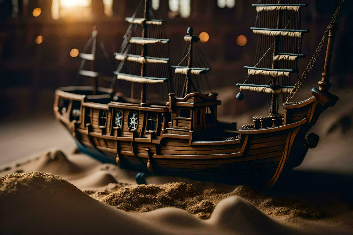 a model of a ship in the sand. AI-Generated photo