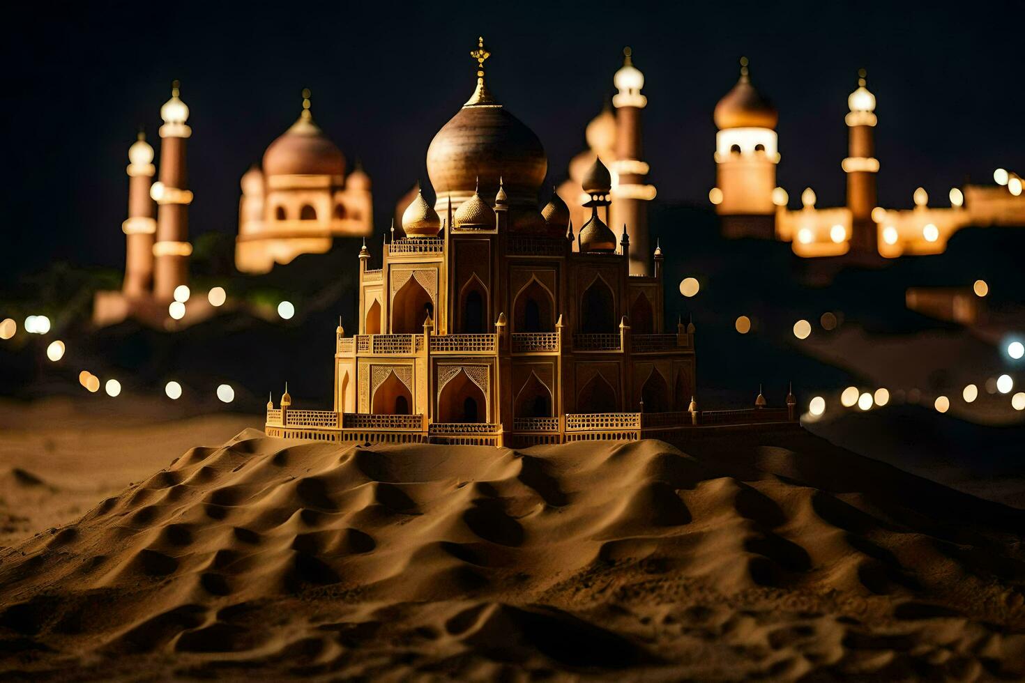 a sand castle in the desert at night. AI-Generated photo