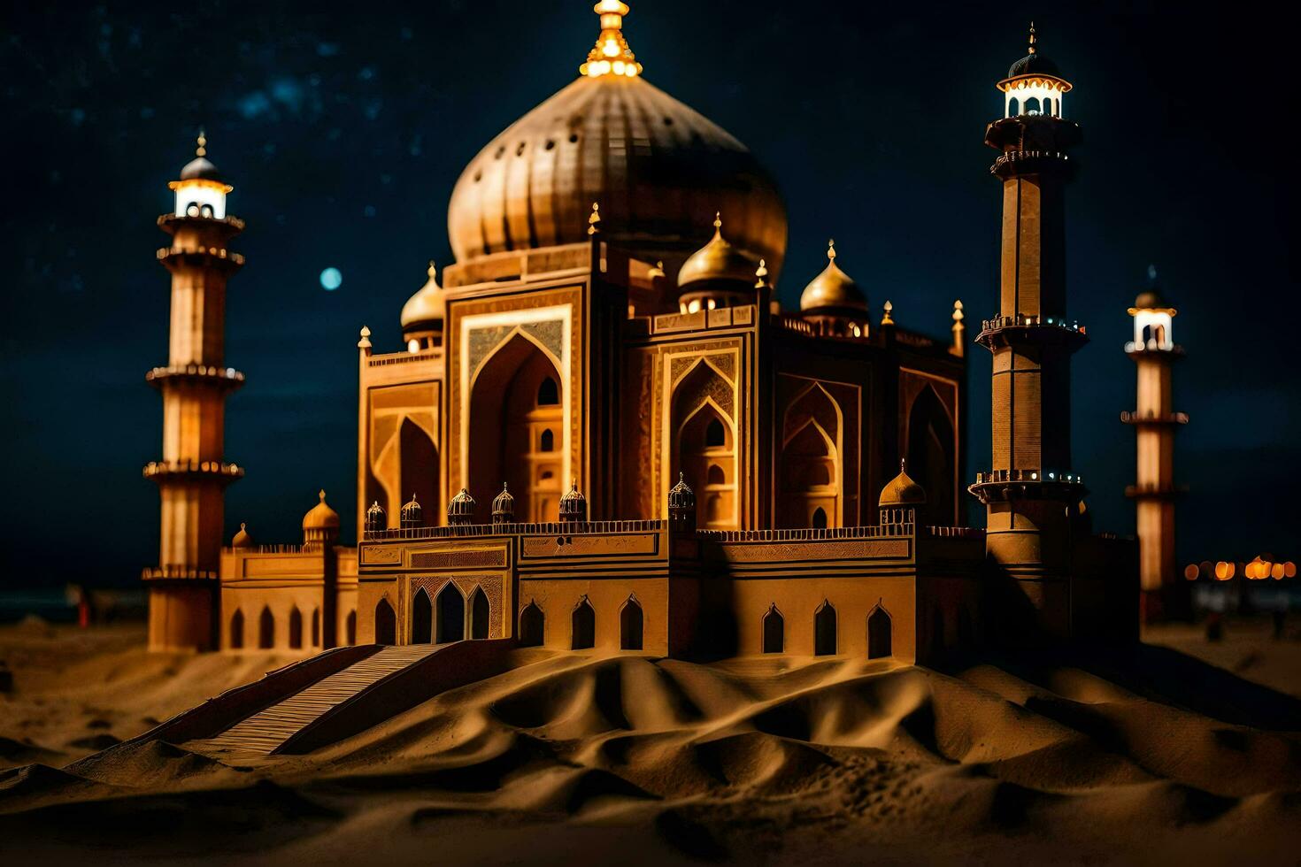 a taj mahal at night with a moon in the sky. AI-Generated photo