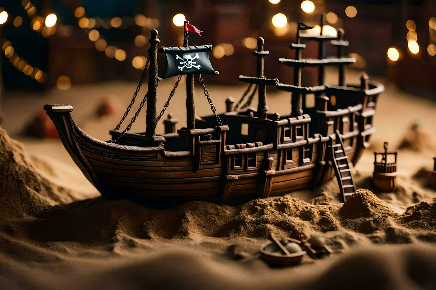 a pirate ship is sitting on sand in front of a light. AI-Generated photo