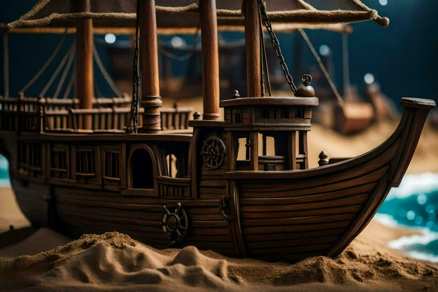 a model of a ship on the sand. AI-Generated photo
