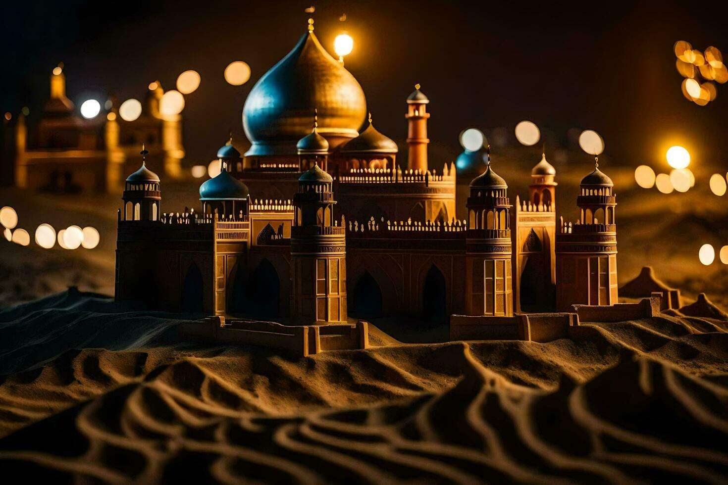 a model of a mosque in the desert at night. AI-Generated photo