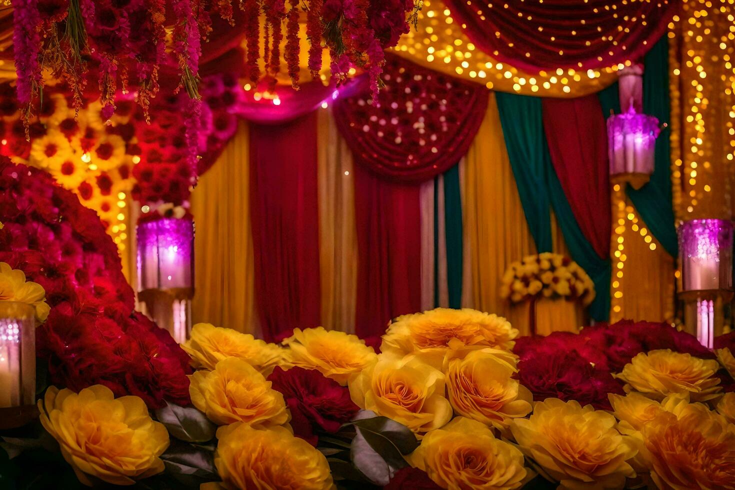 a colorful wedding stage with yellow and red flowers. AI-Generated photo