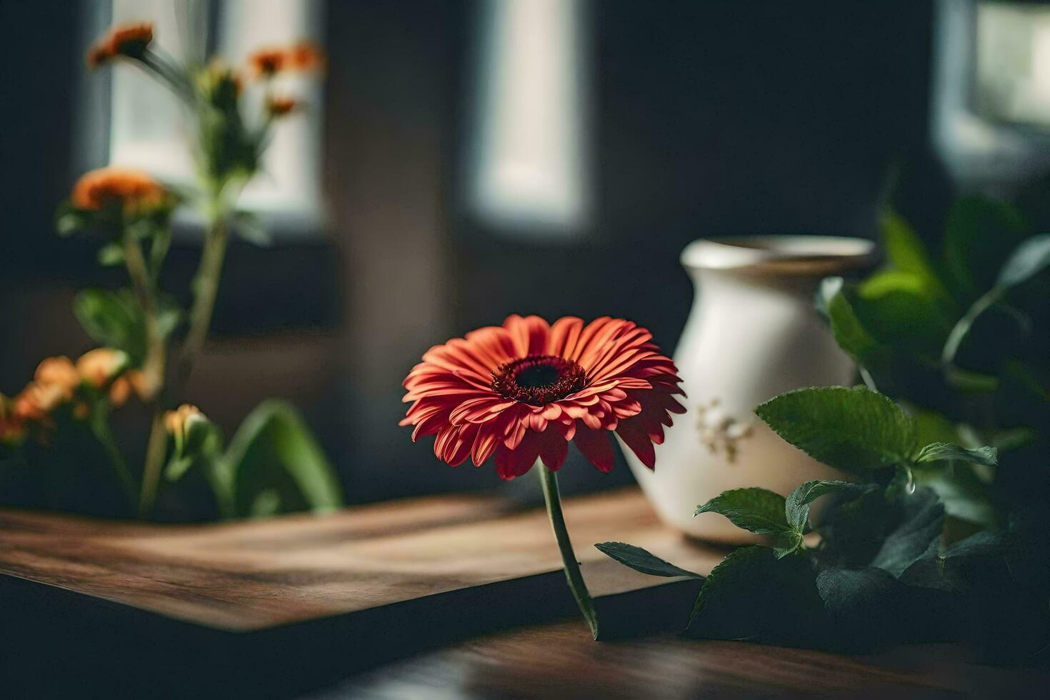 a red flower sits on a table next to a vase. AI-Generated photo